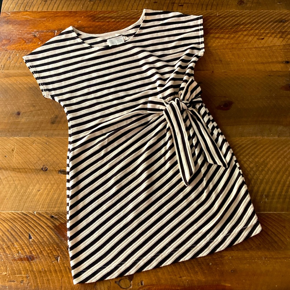 Anthropologie Black & Cream Striped Tie-Waist Mini Dress